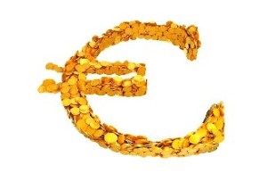 Euro currency symbol assembled with coins. Isolated on white